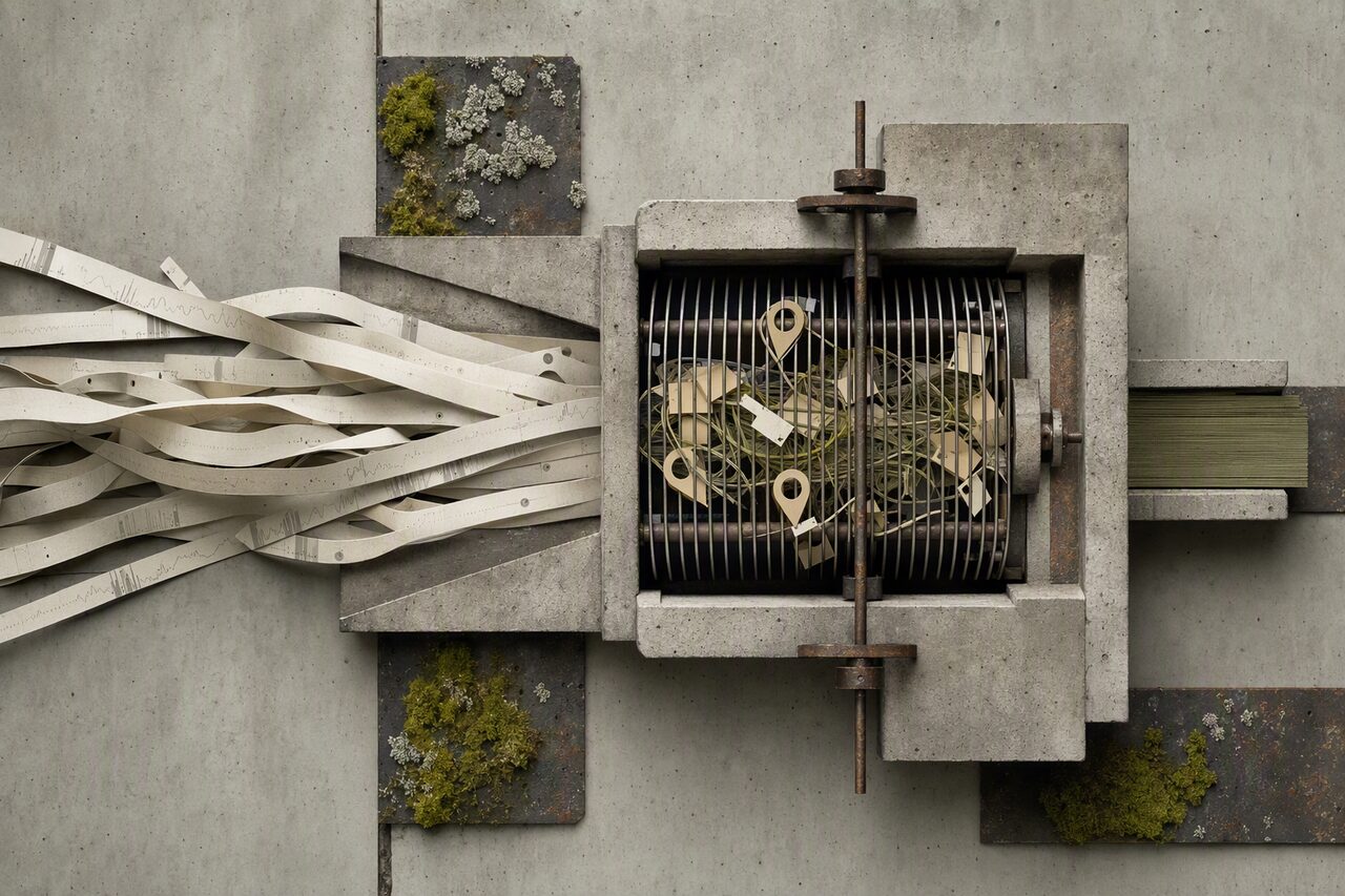 Paper health records pass through a concrete sorting machine; location markers are trapped while a small neat stack exits.